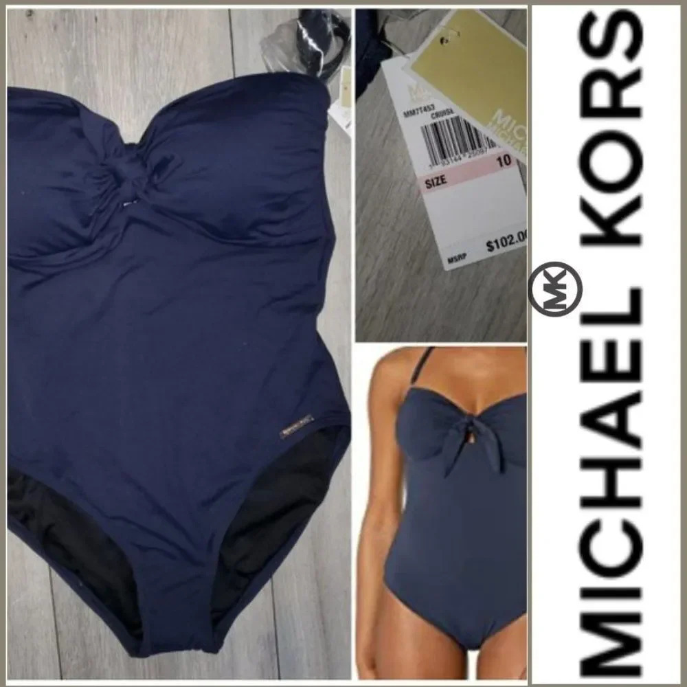 Michael Kors Navy Blue Tie Front Bandeau One-Piece swimsuit size 10 - Picture 5 of 10
